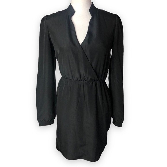 DGNY Black Satin Faux Wrap High Collar Long Sleeve Mini Dress - Picture 1 of 4
